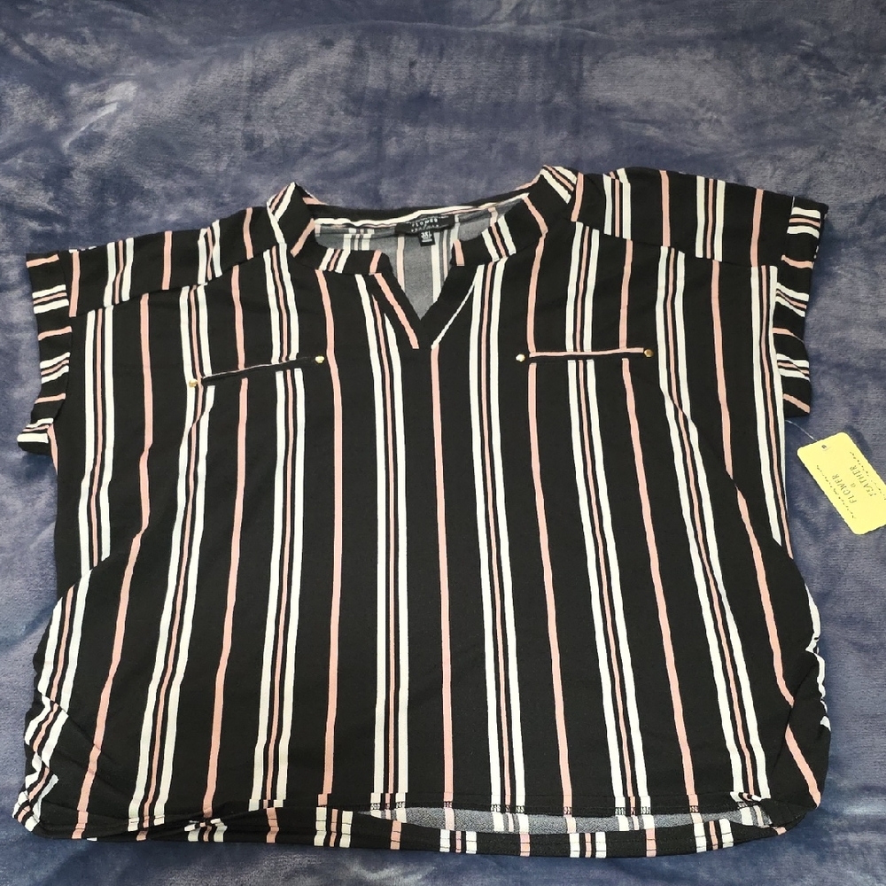 Flowers & Feather Black Short-Sleeve V-Neck Top with Pink & White Stripes 3XL